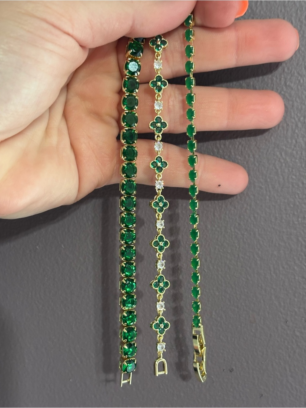 Green Crystal Tennis Bracelet set - Gold Tone